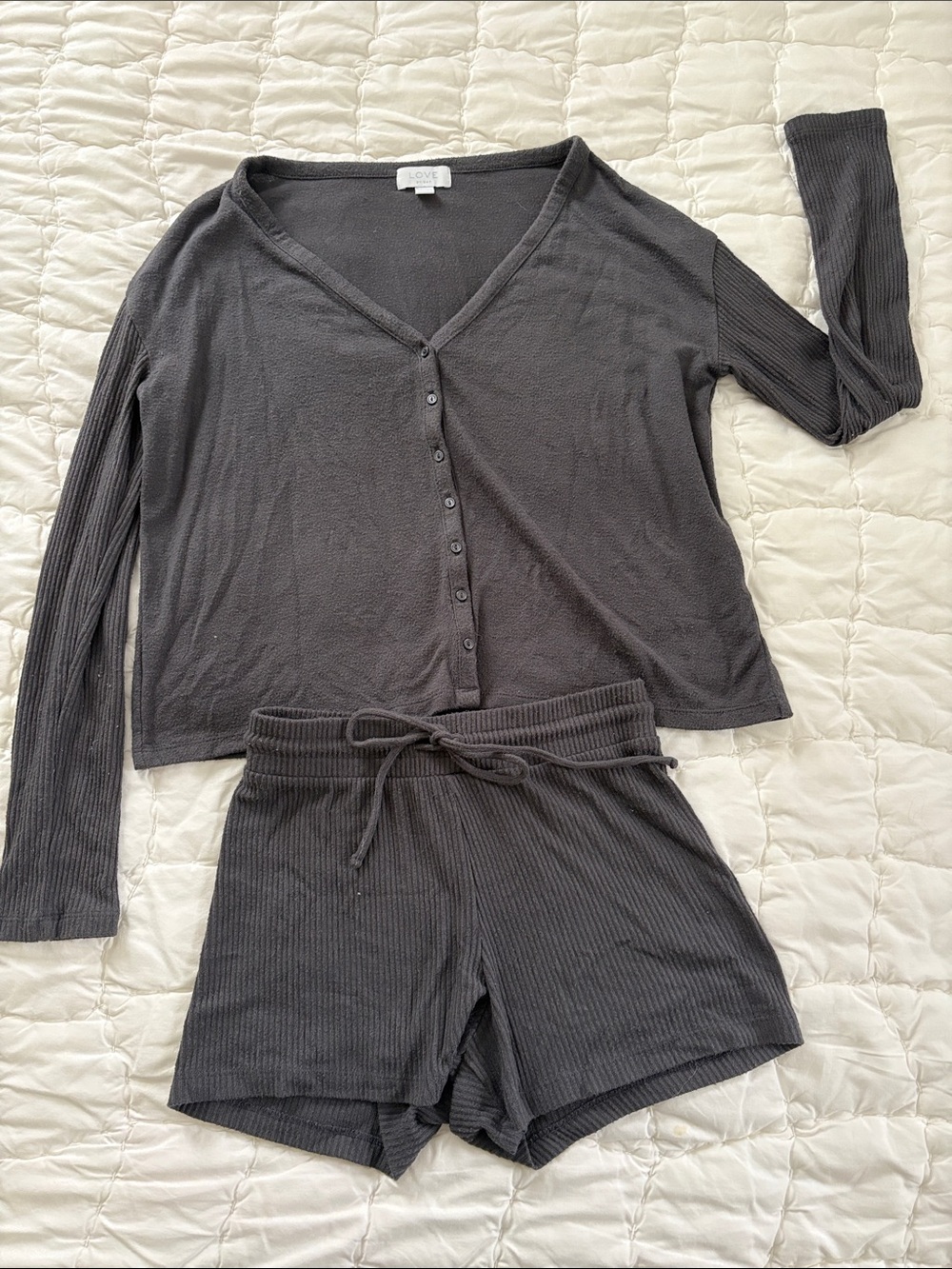 LOVE by GAP Women’s Ribbed Button-Front Lounge Set - Charcoal